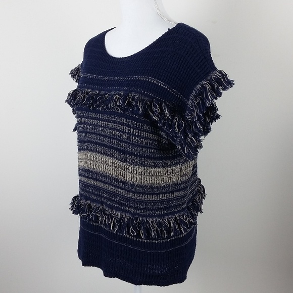 Dana Buchman Navy Stripe Cap Sleeve Fringe Sweater - Picture 1 of 6